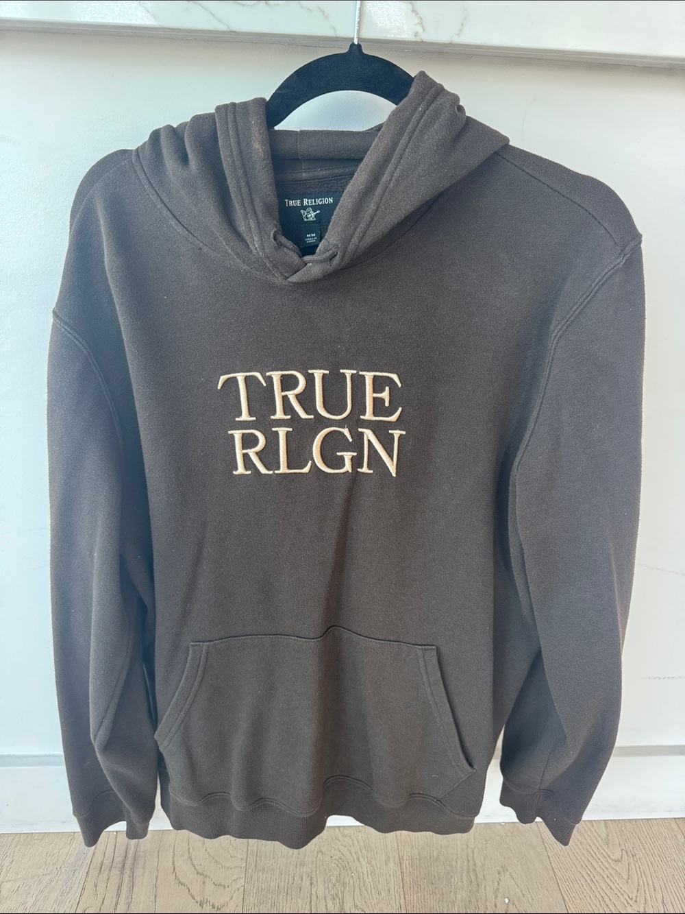 True Religion Brown Hoodie with Cream TRUE RLGN Embroidery